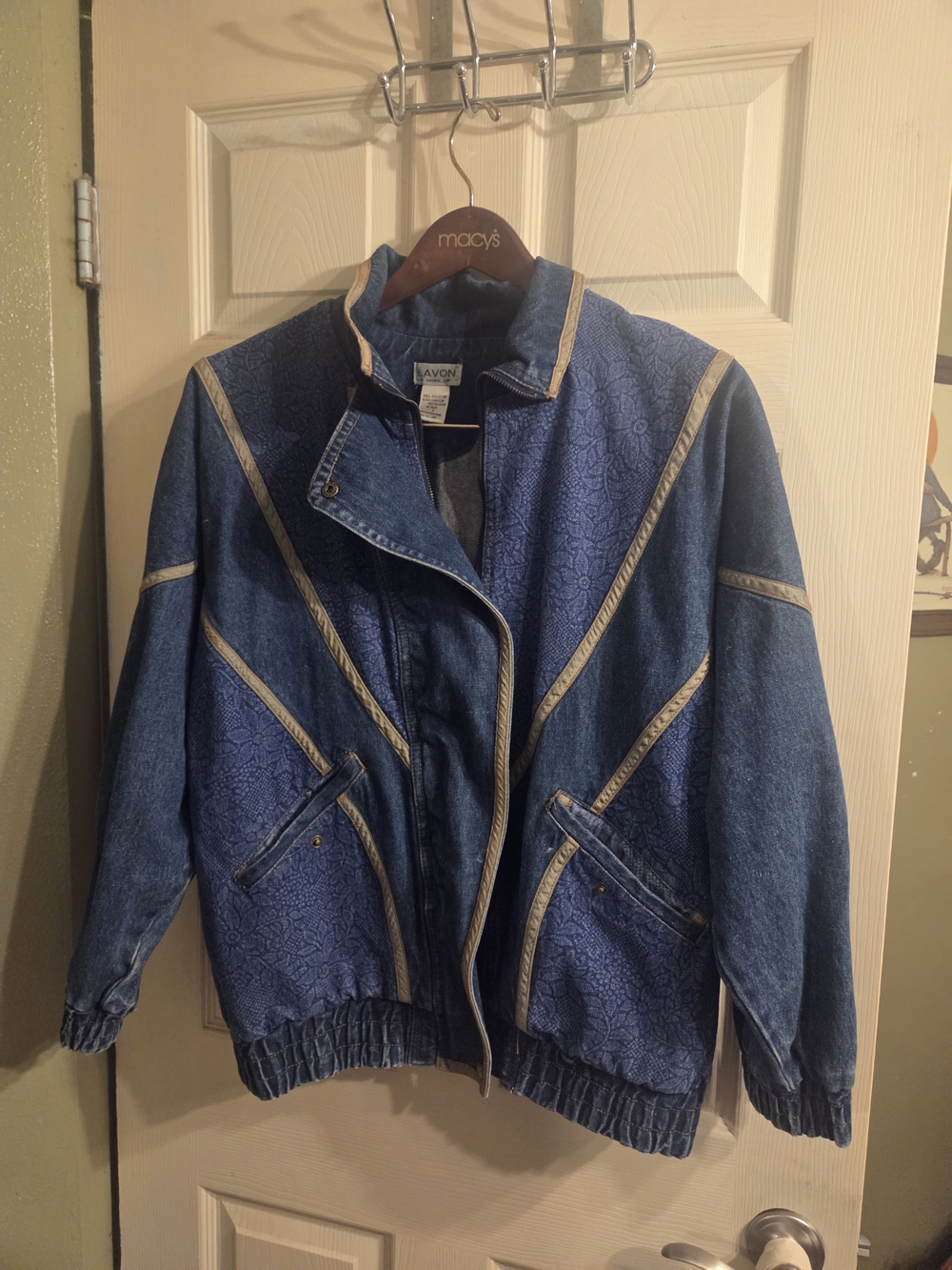 VTG LAvon Blue Patterned Denim Bomber Jacket with Beige Trim